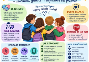 Czworo dzieci obejmuje się ramionami na plecach. Otoczeni są napisami zachęcającymi do szacunku, życzliwości, współpracy. Grafika stworzona przez AI.