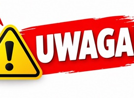 Napis UWAGA na czerwonym tle i żółty trójkąt ostrzegawczy