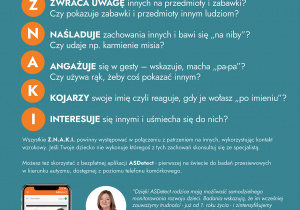pomarańczowo - zielone tło na którym twarz kobiety z uśmiechem zachęca do rozpoznawania objawów autyzmu u dziecka