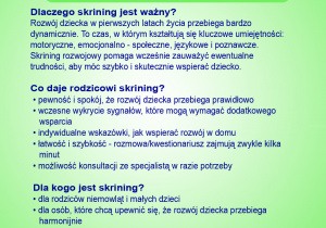 Na zielonym tle kolorowe figurki tańczących dzieci i loga instytucji firmujących skrining rozwoju małego dziecka